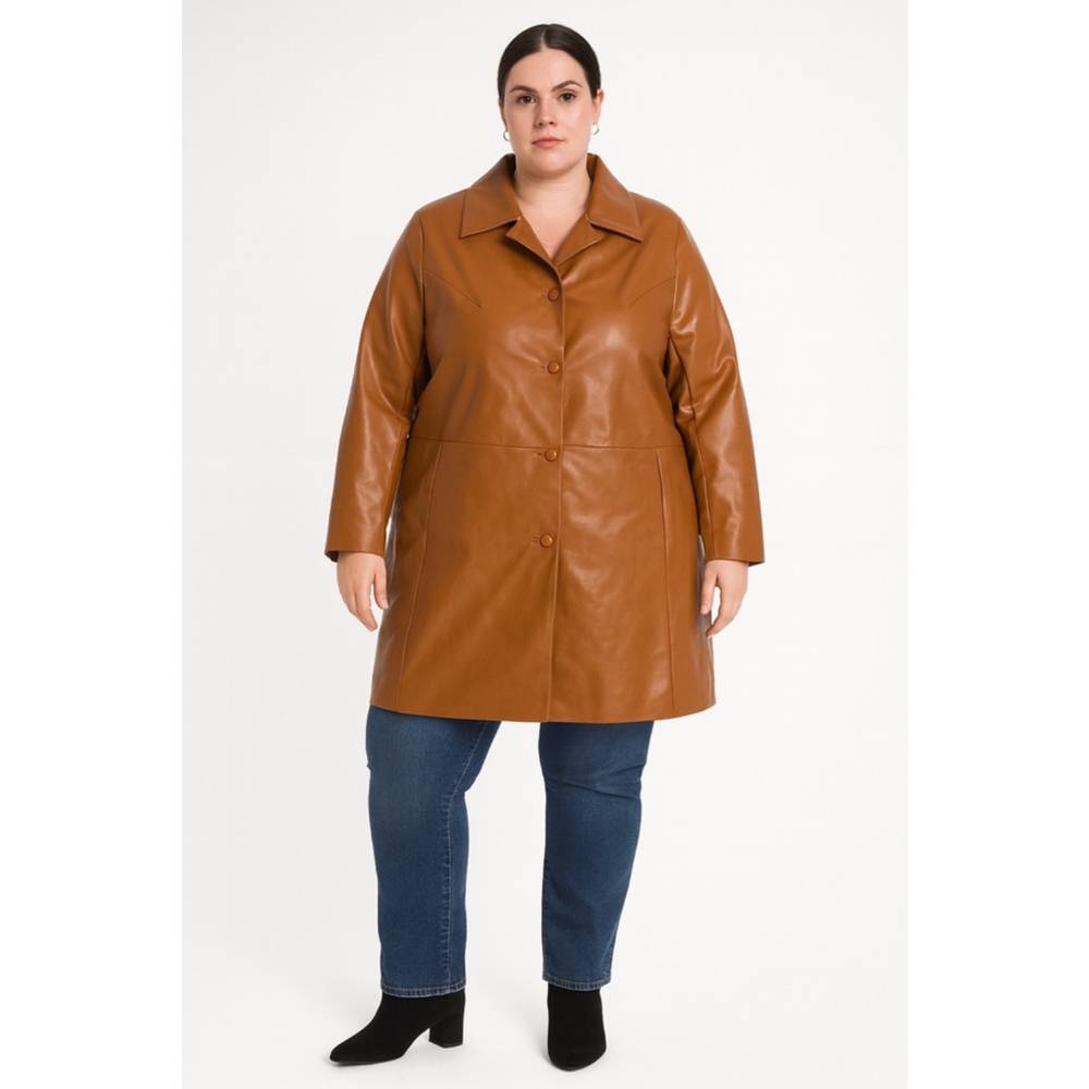 CAbi Joplin Faux Leather Coat XL Brown Button Front Mid Length Jacket